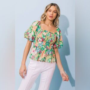 Flying Tomato Floral Smocked Off Shoulder Puff Sleeve Peplum Top S